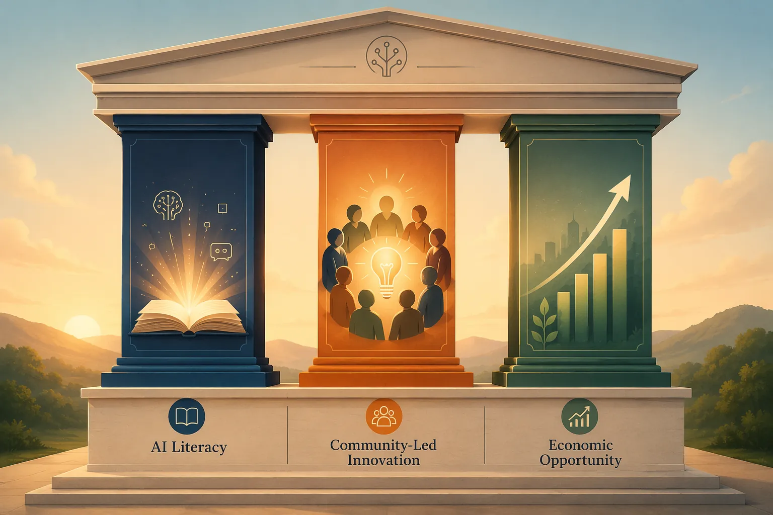 Three pillars representing AI literacy, community-led innovation, and economic opportunity