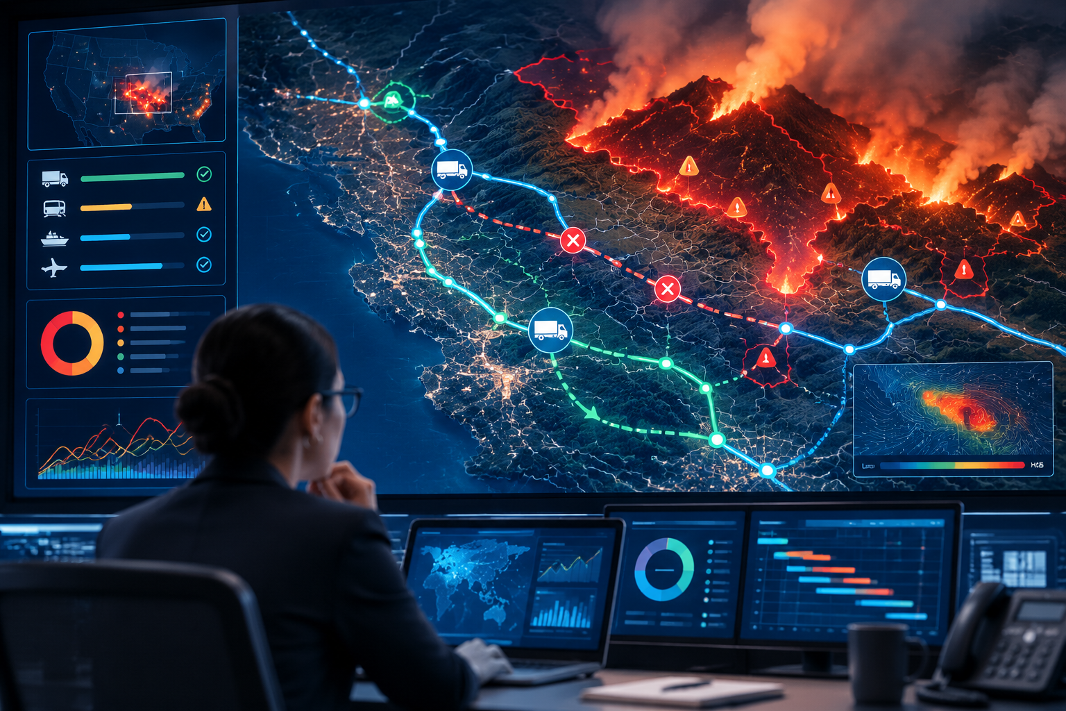 Digital map of a wildfire-affected transportation network with fire perimeter overlays, rerouting paths, ETAs, and hazard zones