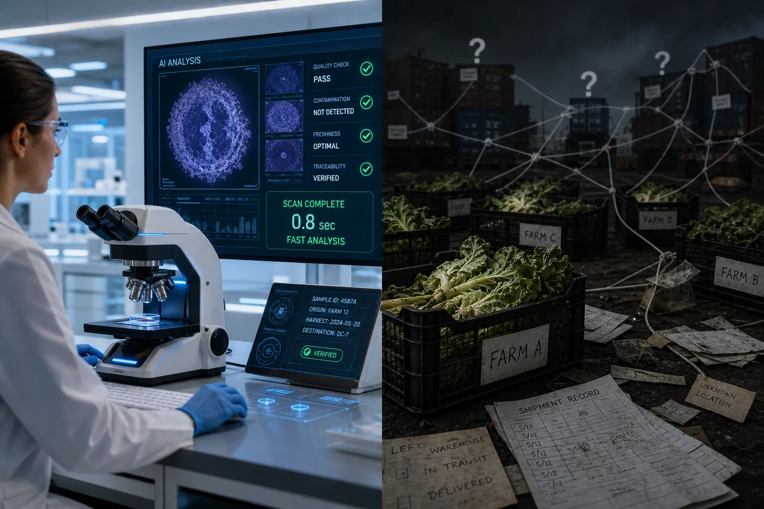 Split-screen view contrasting AI-assisted parasite screening in a laboratory with fragmented lettuce supply-chain records