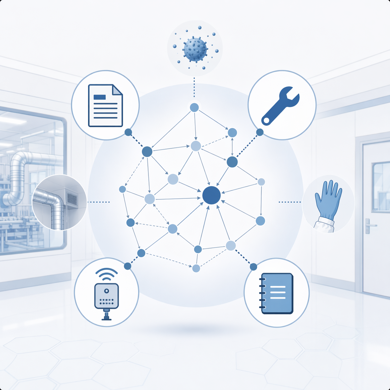 Bayesian network linking QMS, maintenance, environmental monitoring, and equipment log data for contamination risk detection