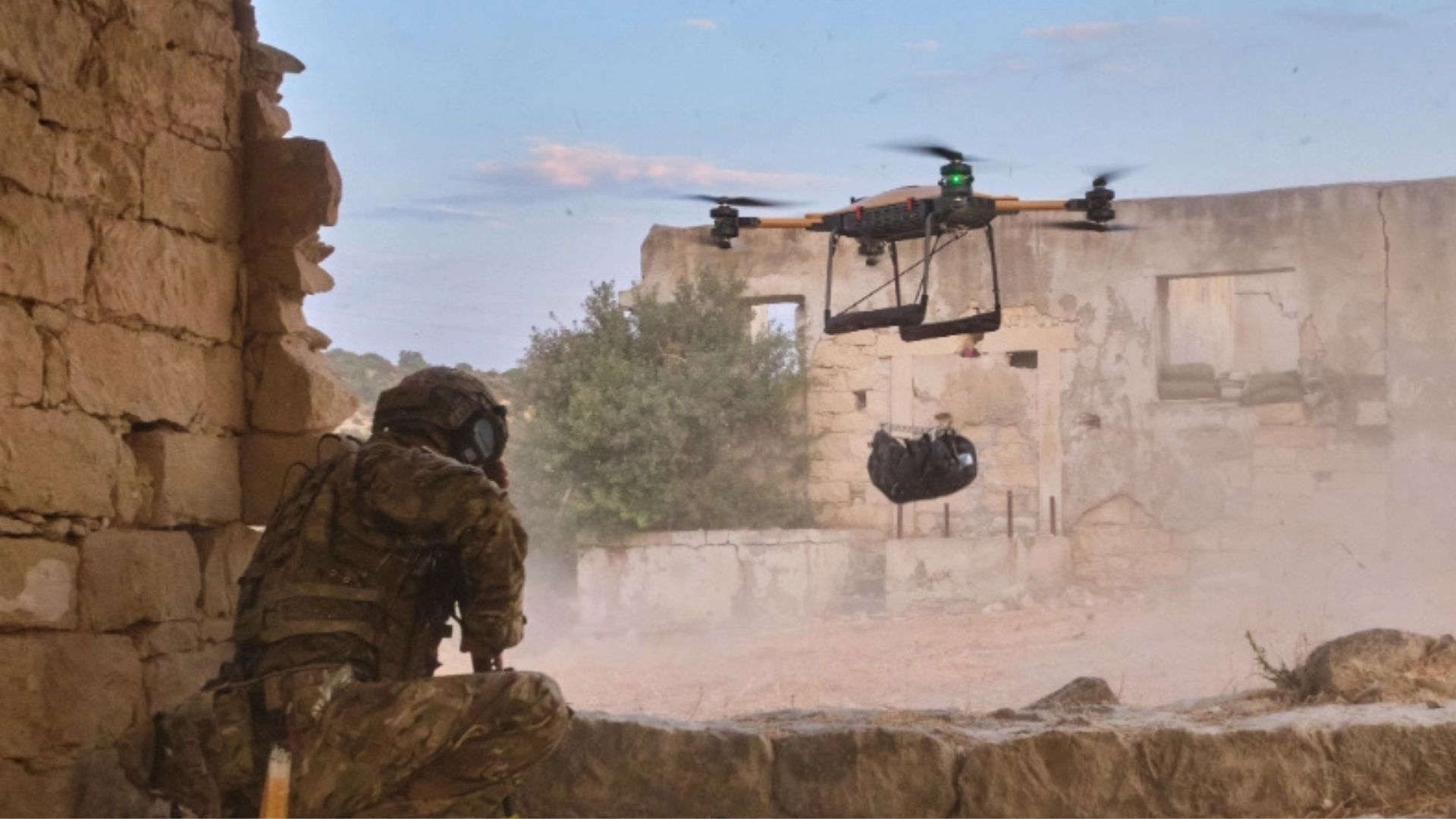 US Army TRV-150 autonomous cargo drone with payload system on a test range