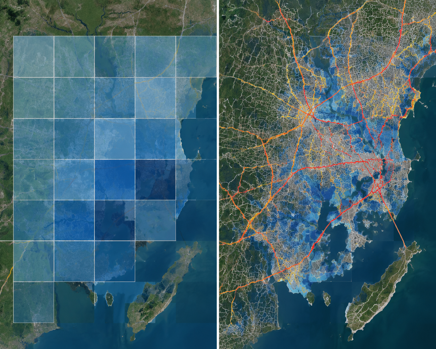 Coarse flood forecast grid compared with fine-grained road-segment risk mapping