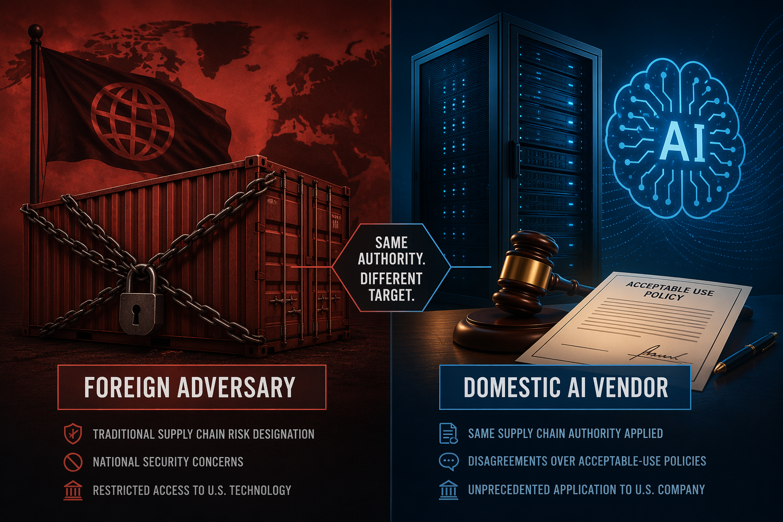 A comparison between traditional foreign-linked supply chain risk designations and a domestic AI vendor under contract scrutiny