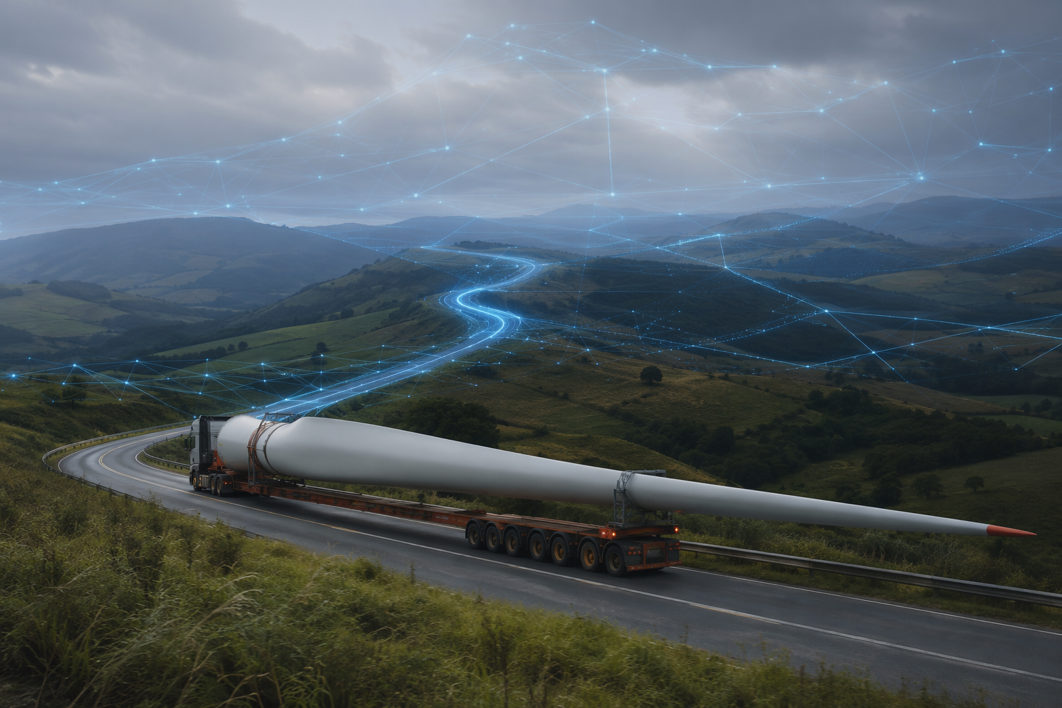 Oversized wind turbine blade transported by flatbed truck with digital twin route overlay