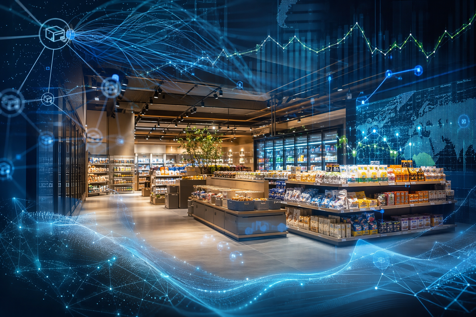 Modern retail store interior with holographic demand forecasting and inventory flow overlays