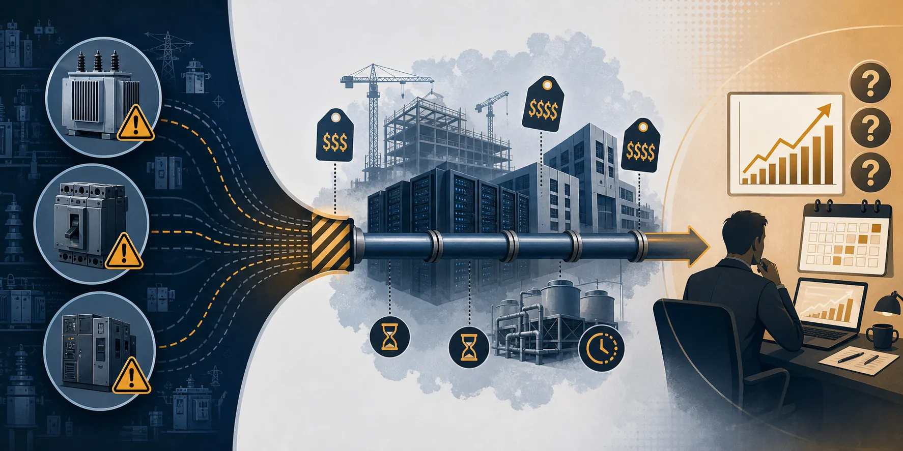 Supply chain flow from grid equipment shortages to data center delays and enterprise procurement risk