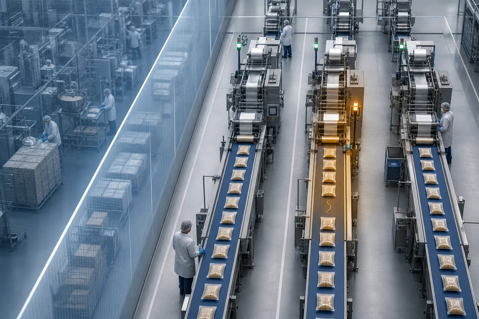 Four industrial food pouch production lanes with one affected lane highlighted and a visual barrier between supplier production and brand operations