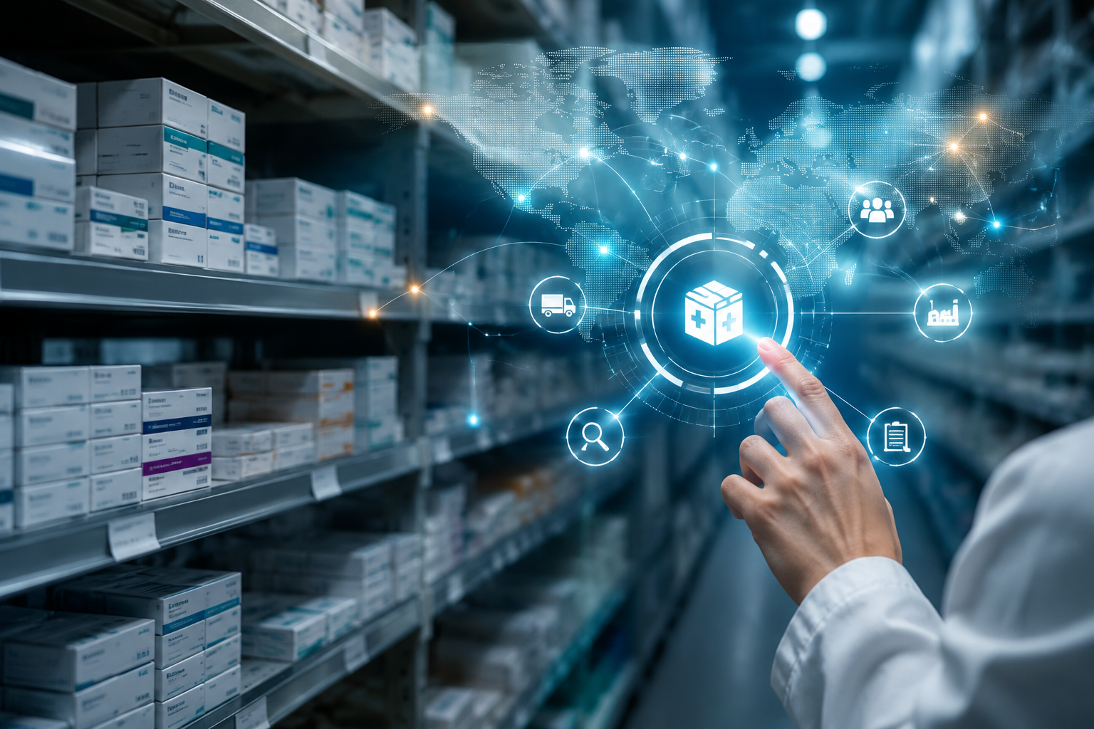 A pharmaceutical warehouse aisle with a holographic recall traceability interface and a human hand gesturing toward digital monitoring nodes.