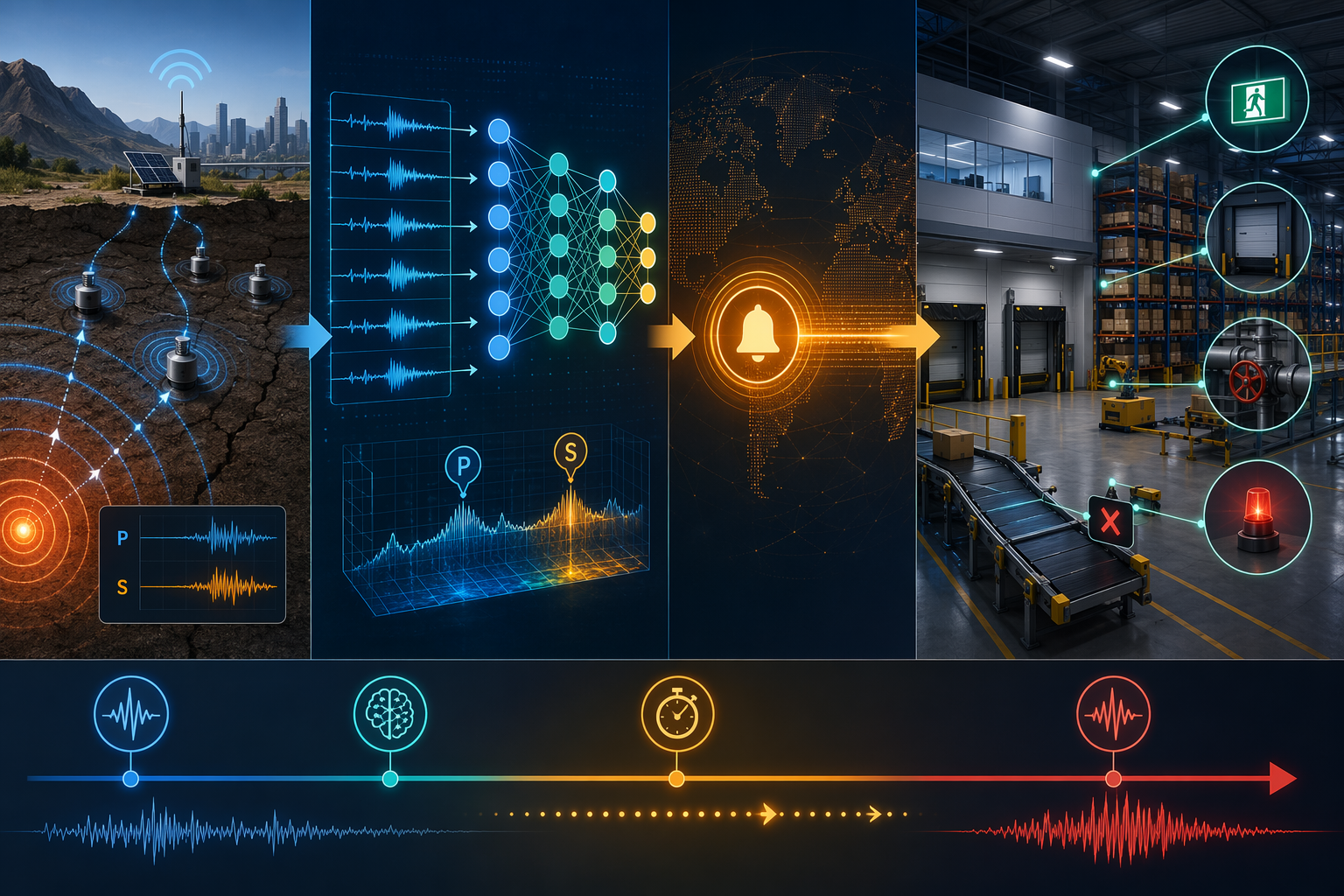 Workflow from seismic P-wave detection through AI processing to automated facility safety protocols
