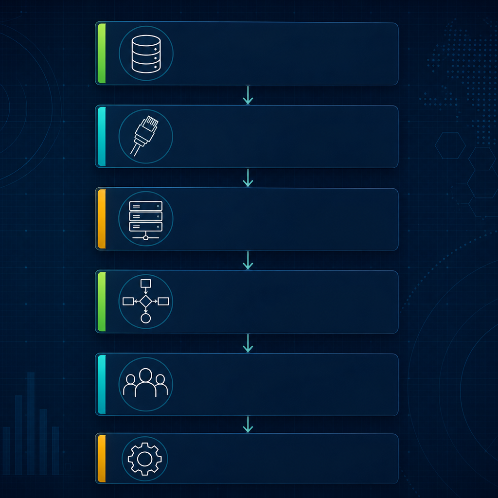 Six stacked horizontal layers on a navy background, each representing a readiness dimension with a colored status bar and downward arrows showing sequential prerequisite dependencies.