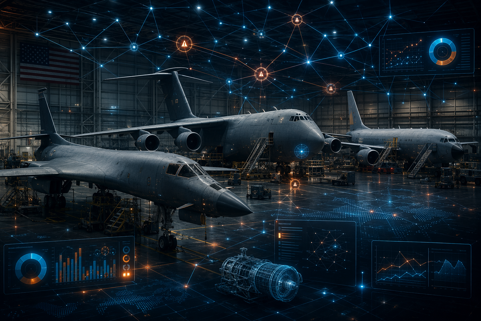 Aging military aircraft in a hangar with digital supply chain risk and predictive analytics overlays