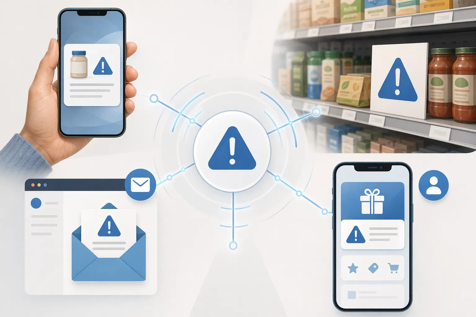 Recall alert hub sending notices to a smartphone, grocery shelf, email interface, and loyalty app