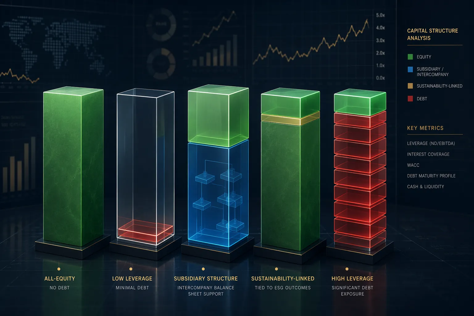 Five abstract pillars representing different supply-chain AI vendor capital structures on a dark financial-report background