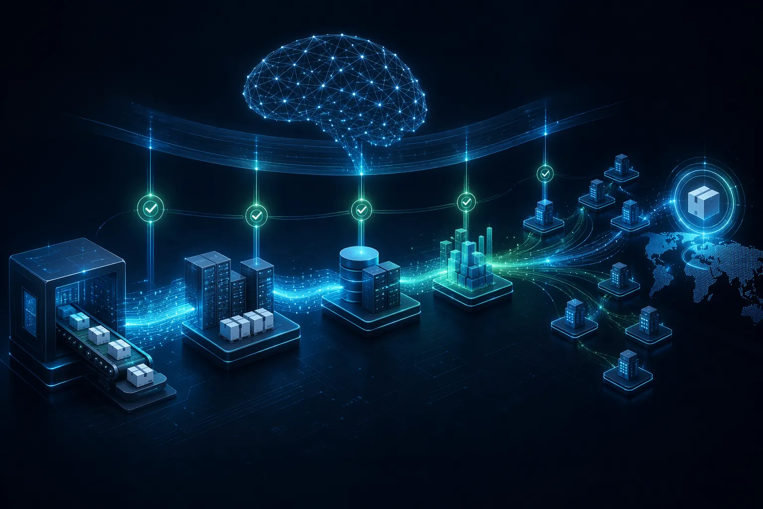 Glowing data streams between pharmaceutical supply chain systems with an AI monitoring layer above the handoffs