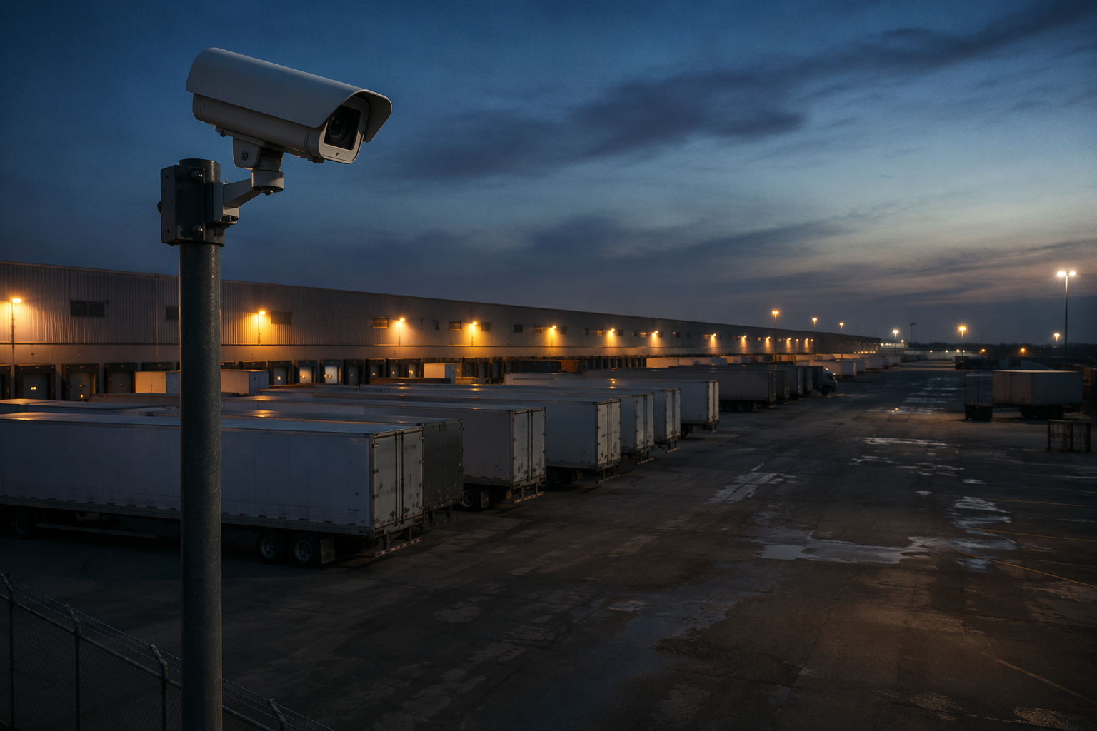 Logistics yard at dusk with parked semi-trailers, a warehouse, and a pole-mounted surveillance camera under amber security lights