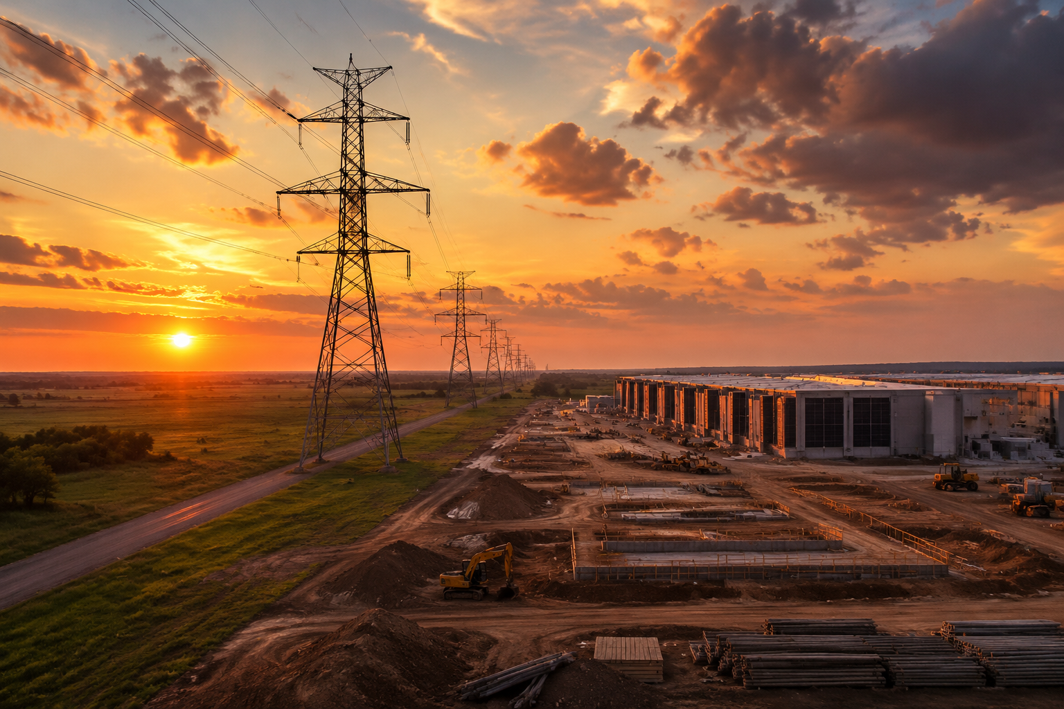 Texas transmission lines and data center construction showing the physical scale of AI infrastructure build-out
