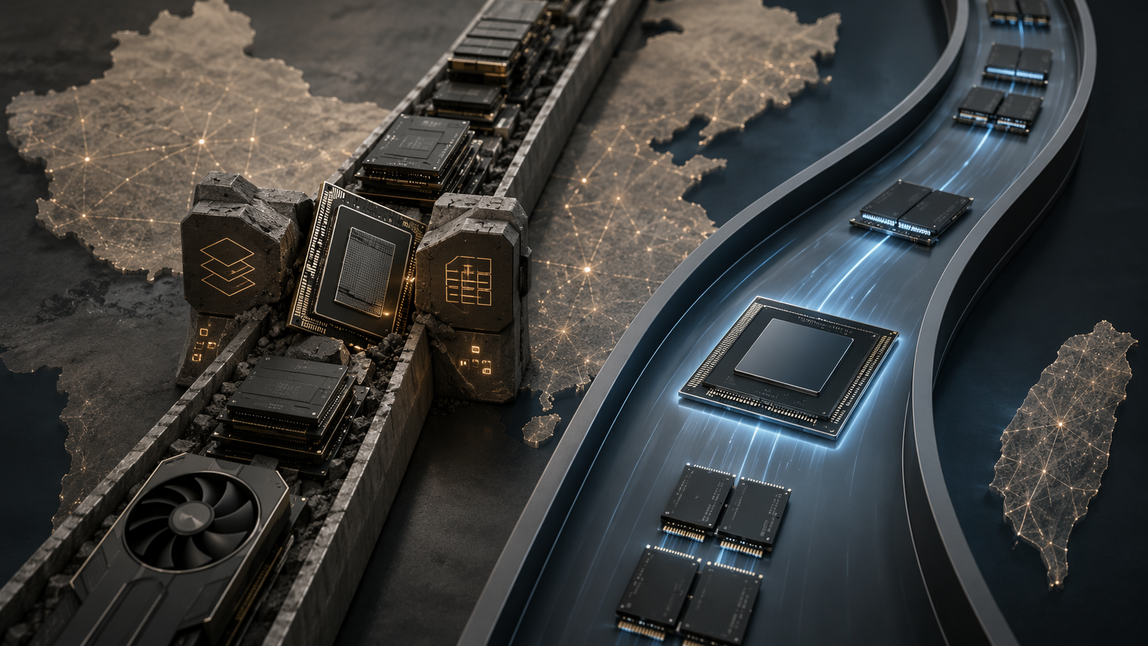 Diverging GPU supply-chain paths showing a congested CoWoS and HBM route beside a clearer monolithic chip and memory route