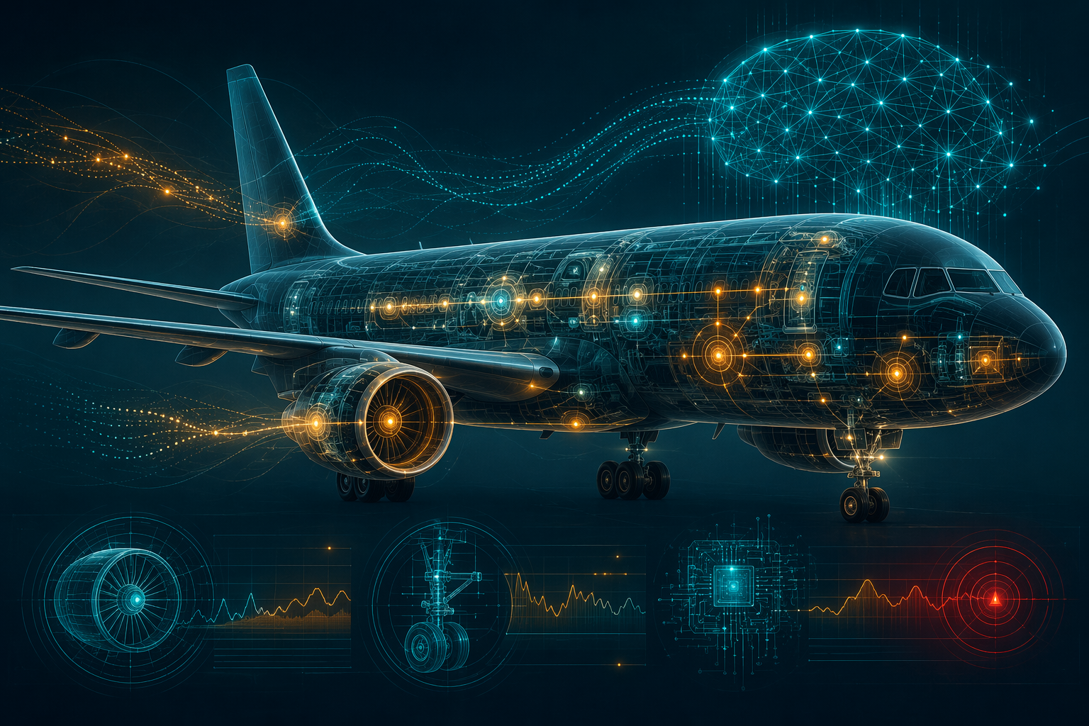 Aircraft silhouette with glowing sensor points and predictive maintenance analytics overlays