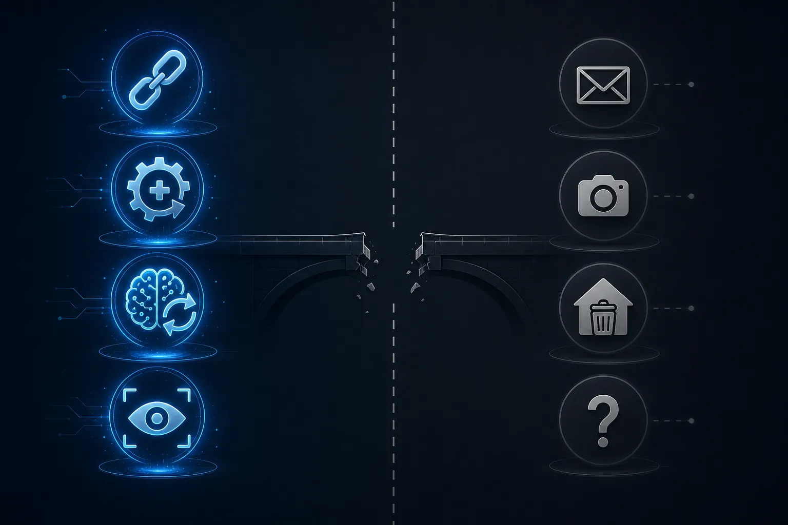 AI supply chain capability icons separated from manual recall steps by a broken bridge