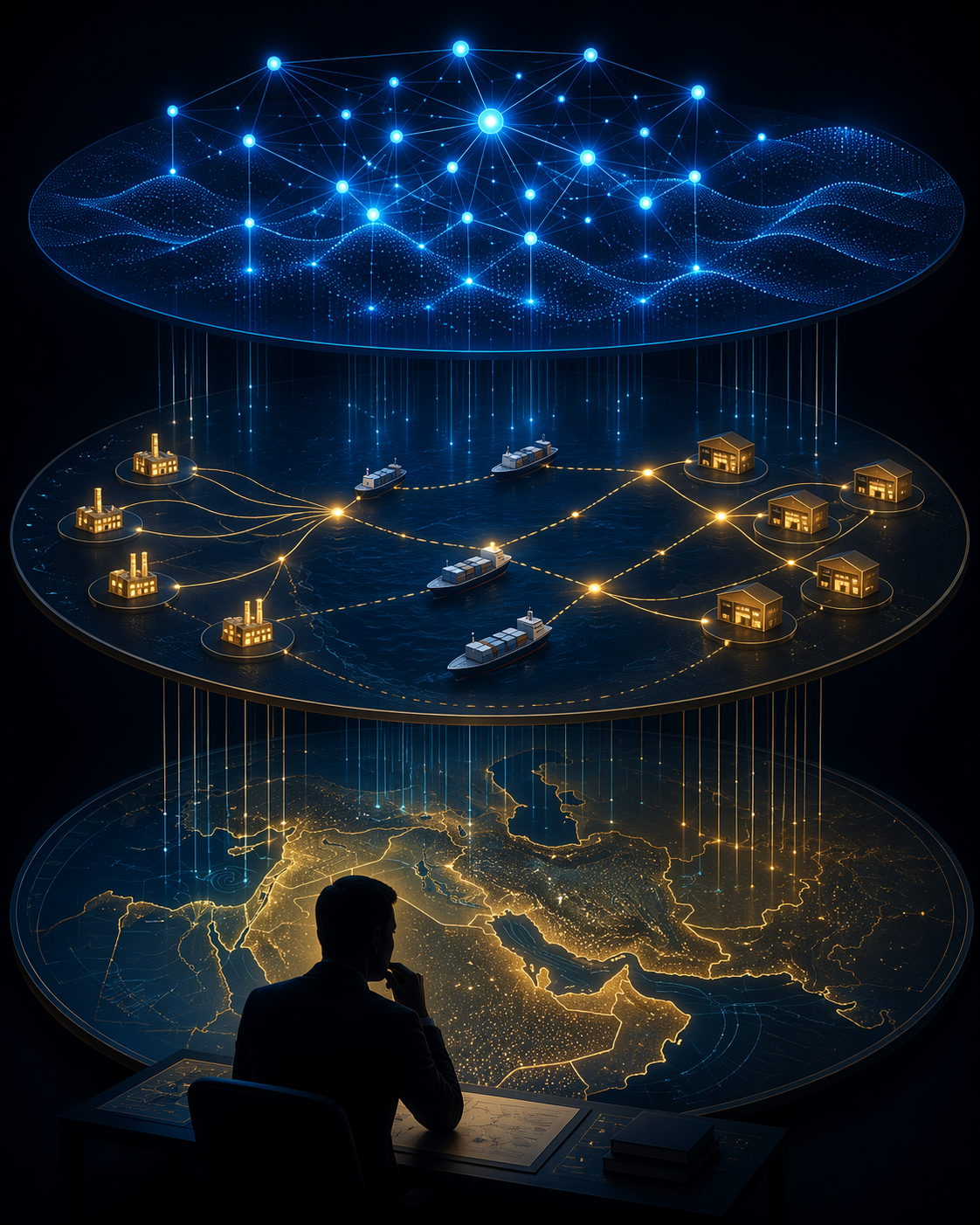 Three connected layers showing human regional expertise, supply chain data flows, and AI pattern detection