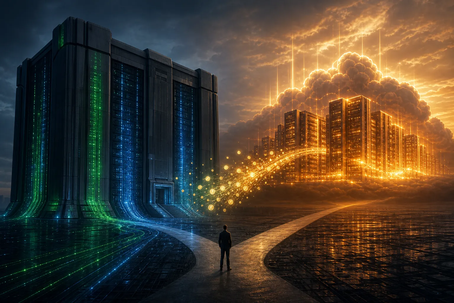 Mainframe transaction streams and AI cloud infrastructure with capital flowing toward AI systems