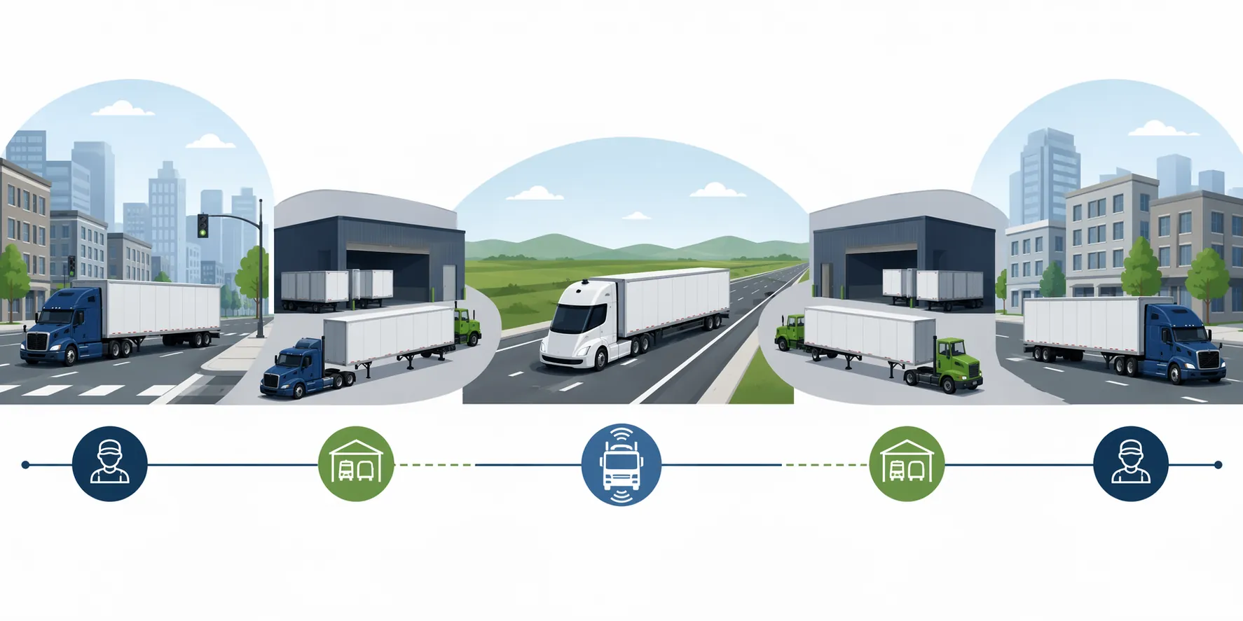 Hub-to-hub hybrid freight model with human-driven first mile, autonomous highway middle mile, and human-driven last mile