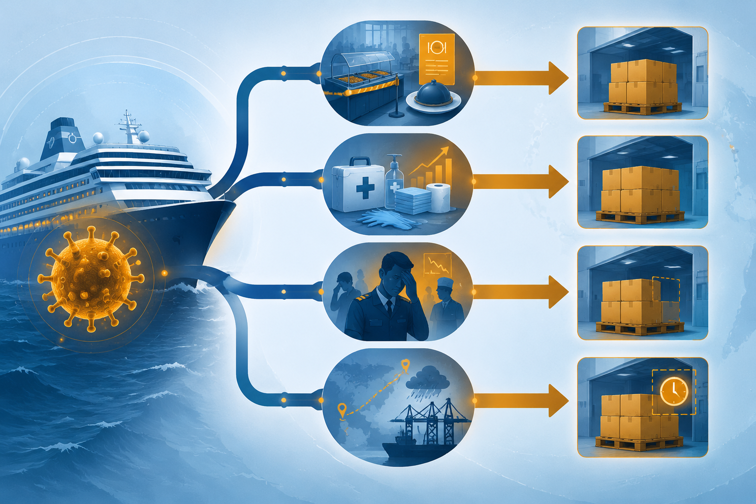 Flow diagram showing four cruise norovirus disruption paths leading to inventory instability