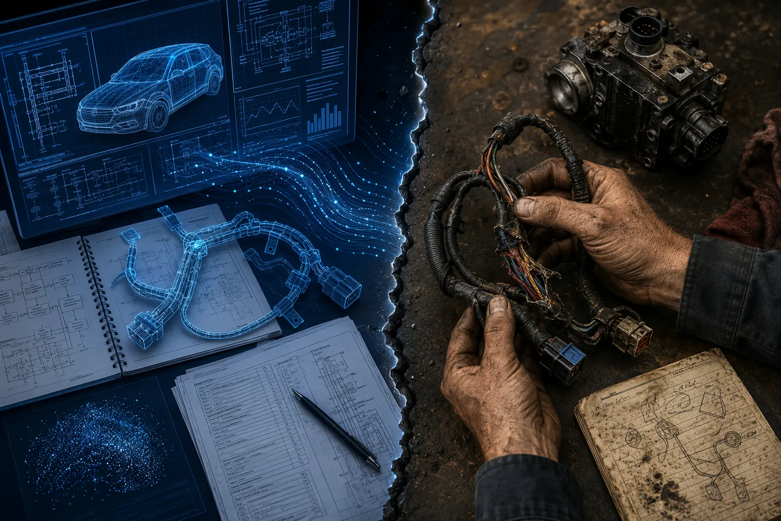 Split view of digital CAD schematics and worn hands holding an automotive wiring harness