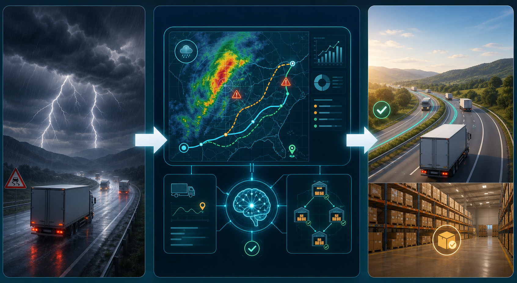 Storm, AI weather analytics, and logistics outcomes connected across a three-panel workflow