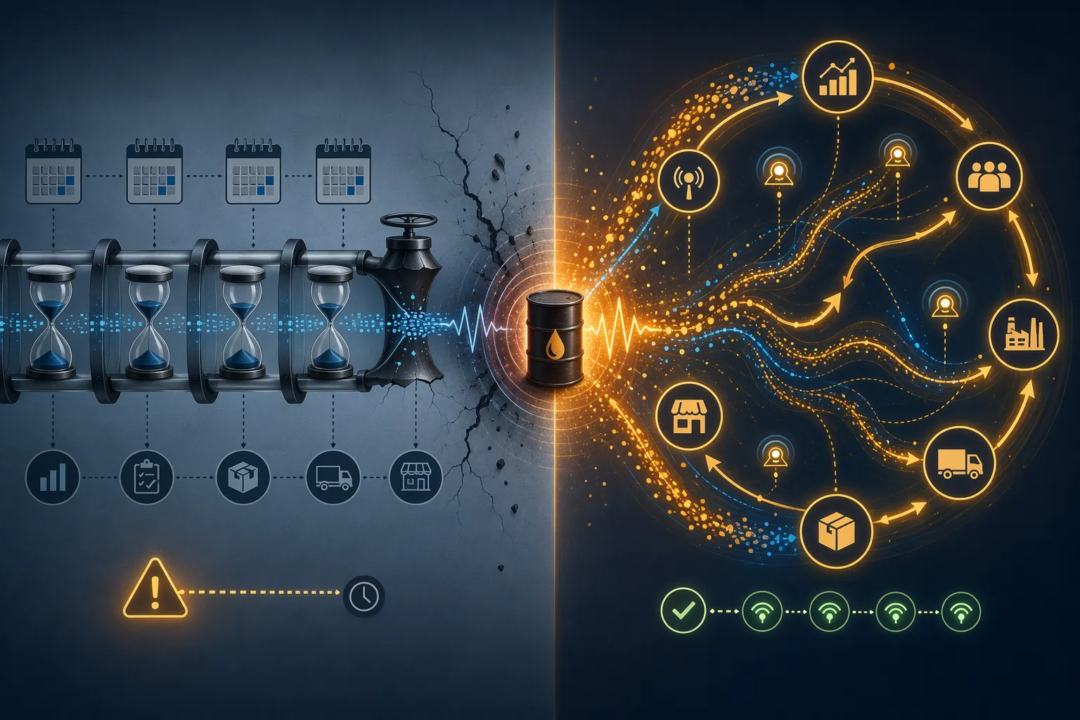 Batch reforecasting pipeline contrasted with real-time demand sensing flow
