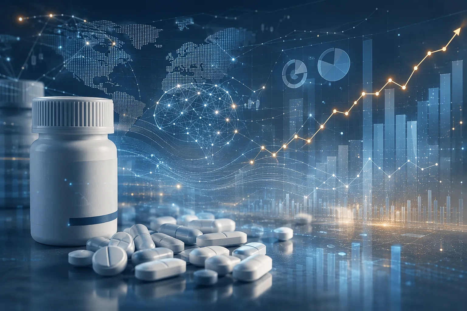 Pharmaceutical bottle and tablets with digital financial and analytical overlays