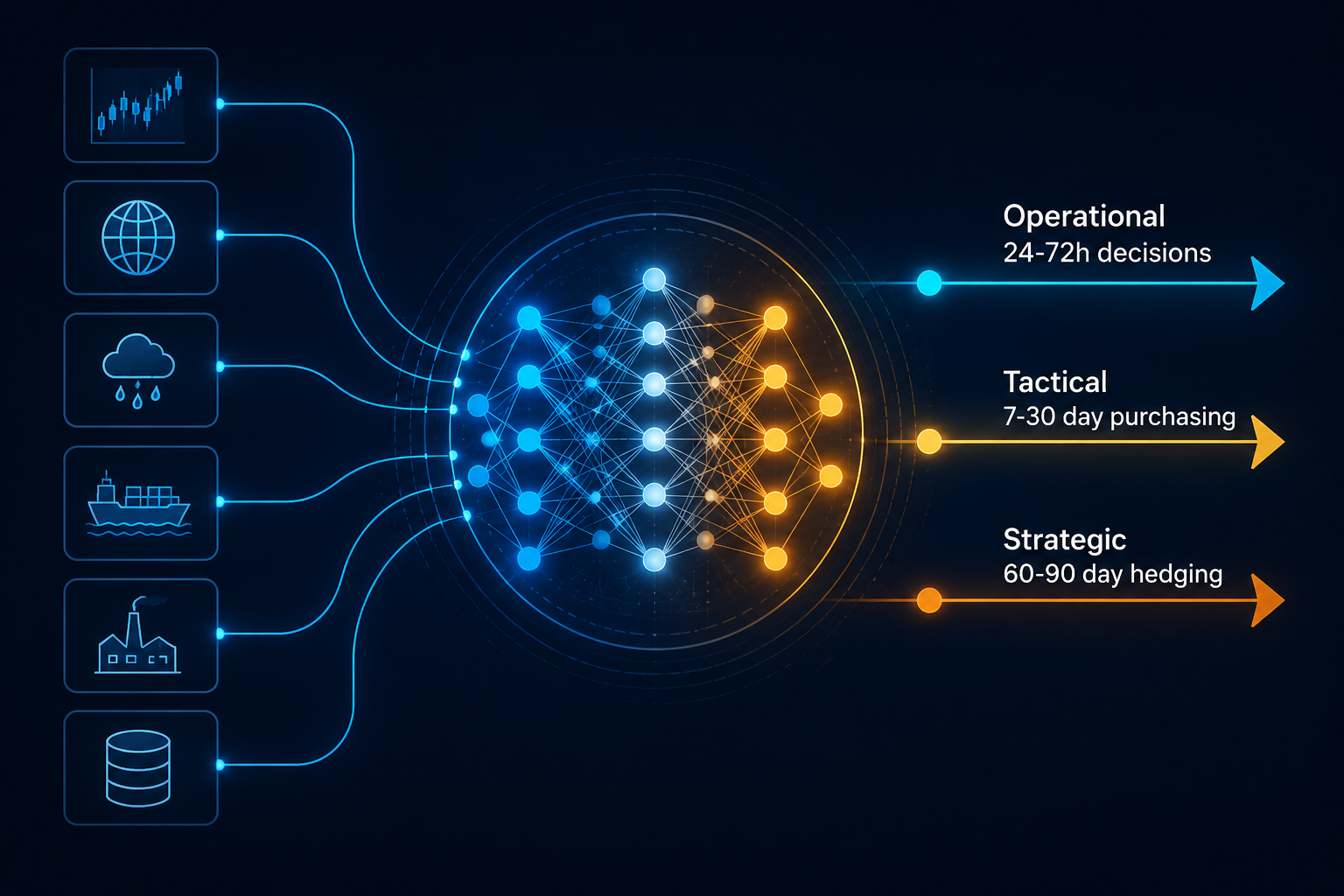 Multiple fuel forecasting data sources feeding an AI ensemble model with operational, tactical, and strategic forecast horizons