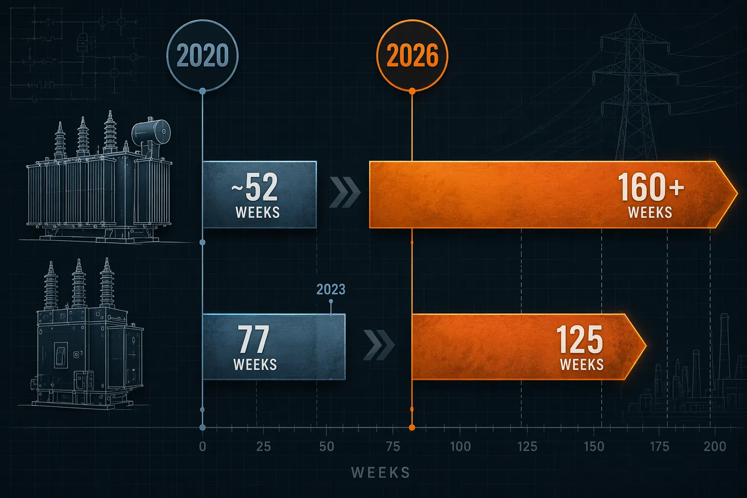 Timeline comparing transformer and circuit breaker lead times from 2020 to 2026
