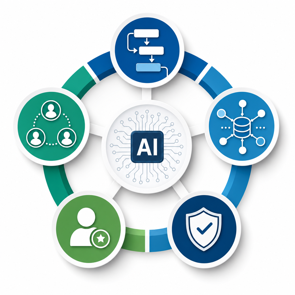 Radial framework diagram with five interconnected hexagonal segments representing the five organizational readiness dimensions for autonomous procurement AI.