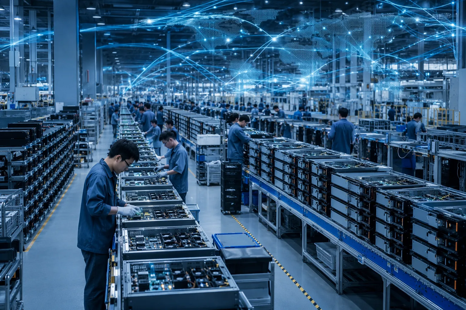 Large server manufacturing floor with workers and global supply chain data lines