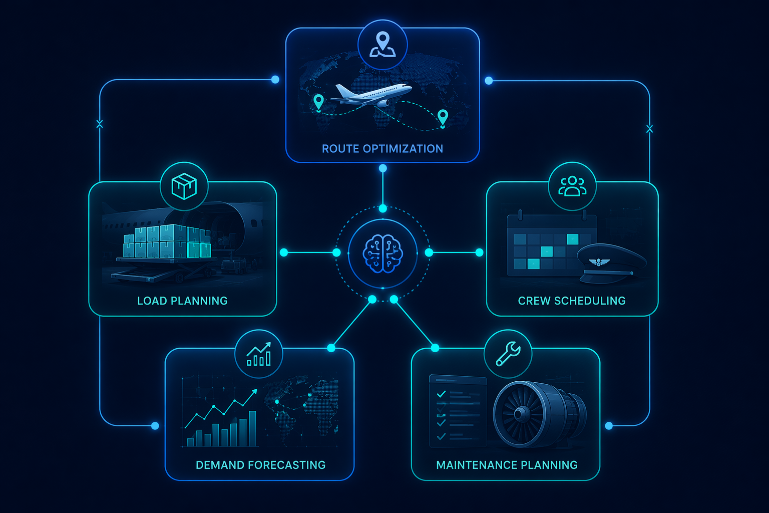 Framework diagram showing route optimization, load planning, crew scheduling, demand forecasting, and maintenance planning as connected AI scheduling modules