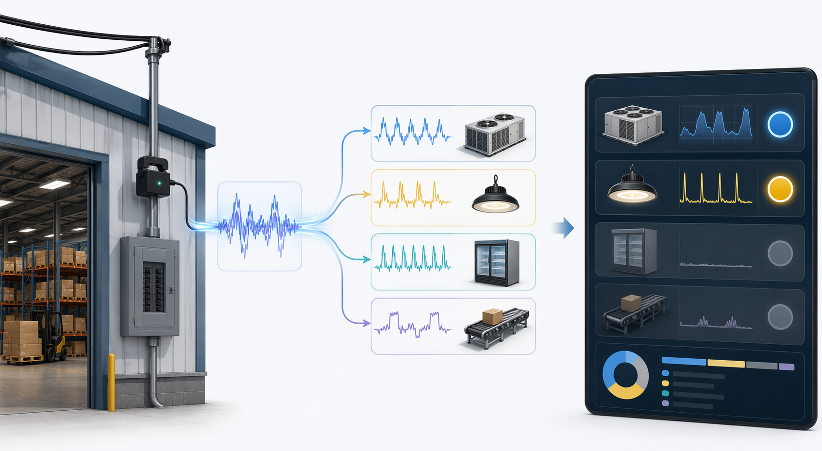 Infographic-style view of a warehouse NILM workflow from electrical panel signal to disaggregated equipment loads
