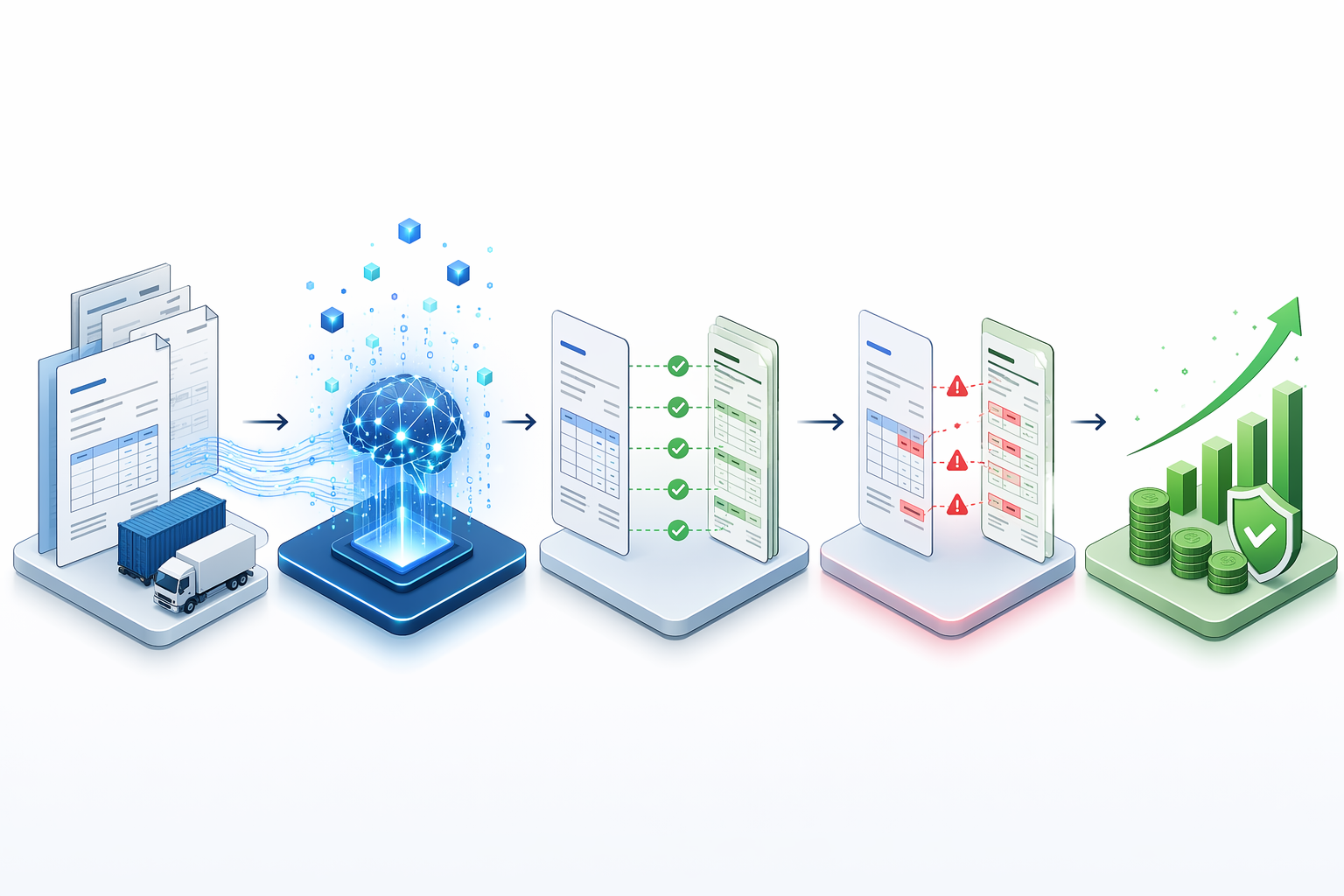 AI freight invoice audit workflow from incoming invoices through contract matching, discrepancy flagging, and savings accumulation