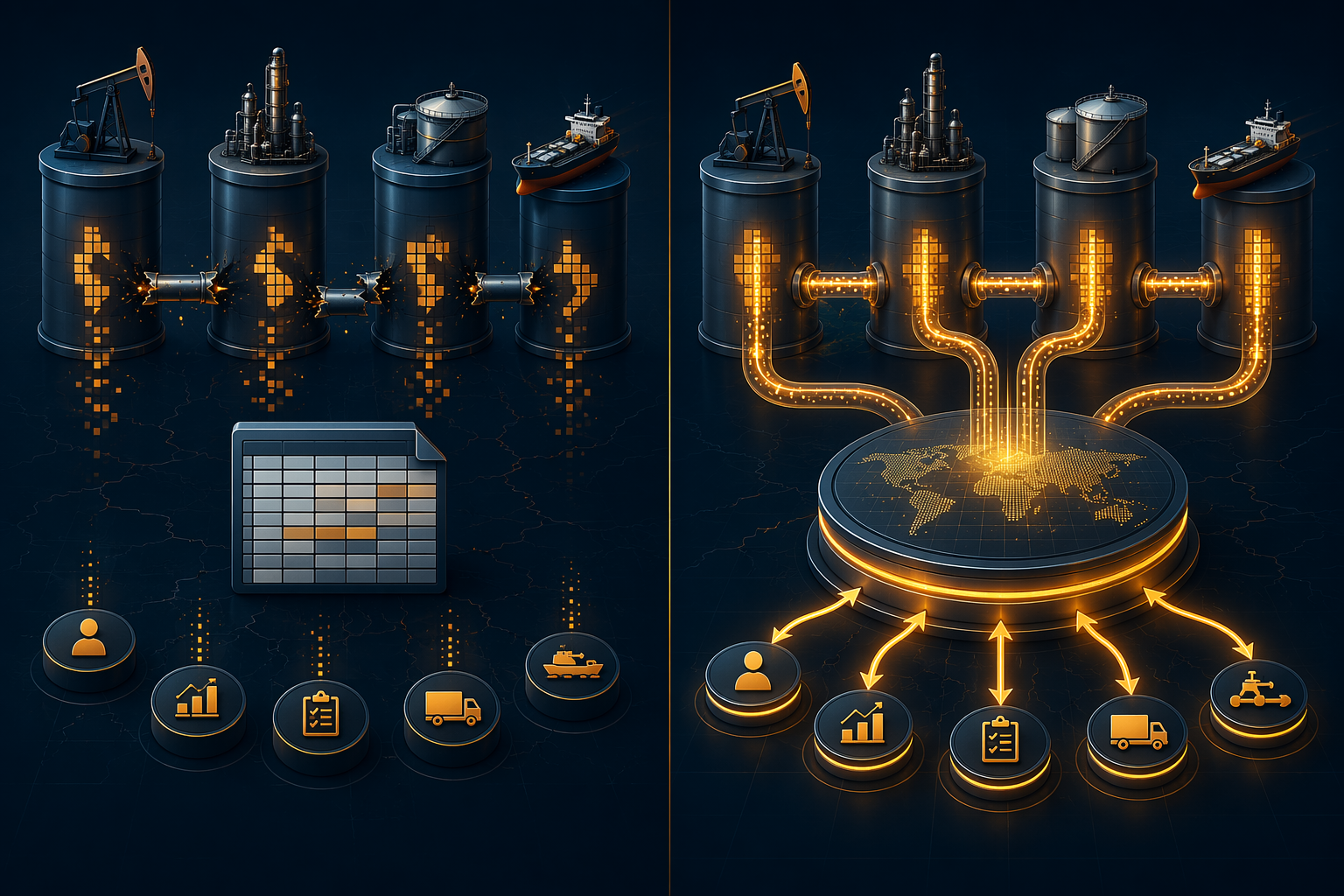 Comparison of fragmented oil planning silos and a unified planning platform connected to logistics decisions