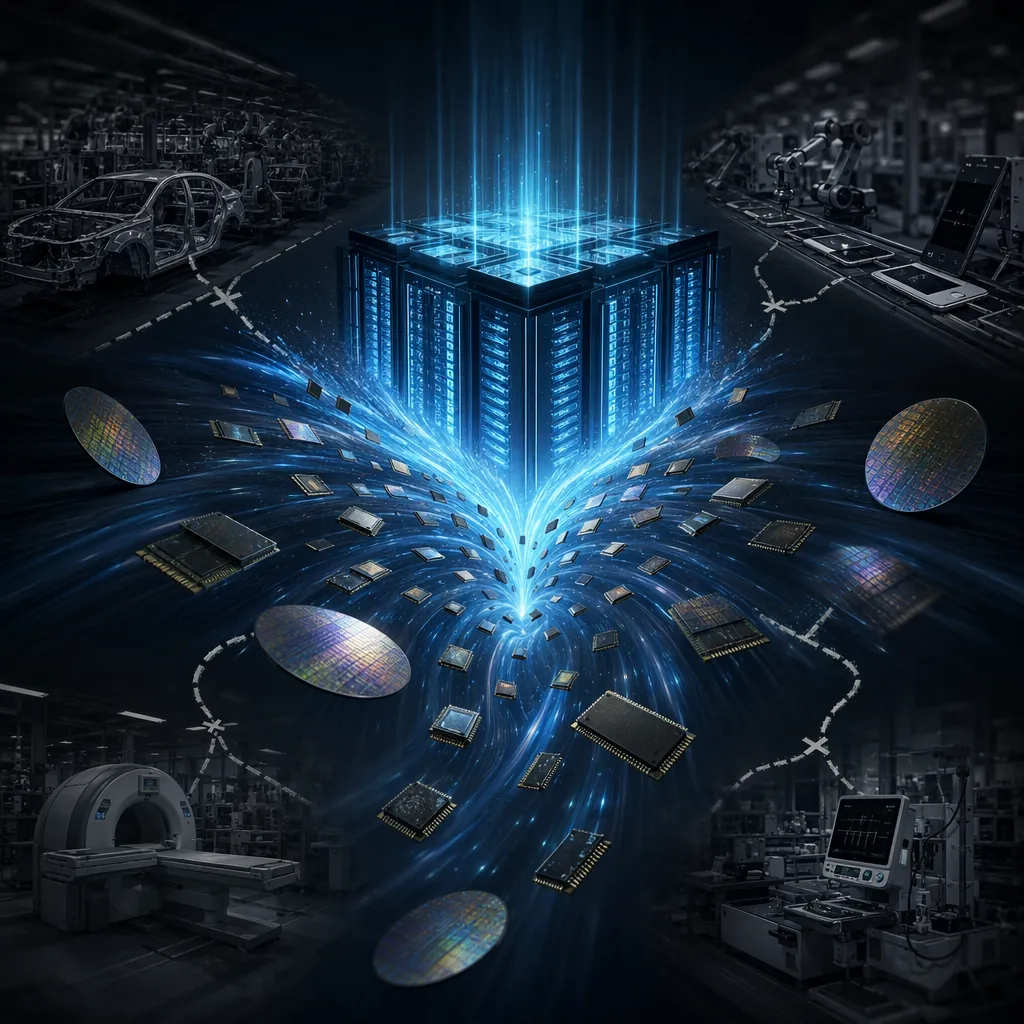 Illustration of an AI data center pulling semiconductor wafers and memory chips away from automotive, electronics, and medical supply chains