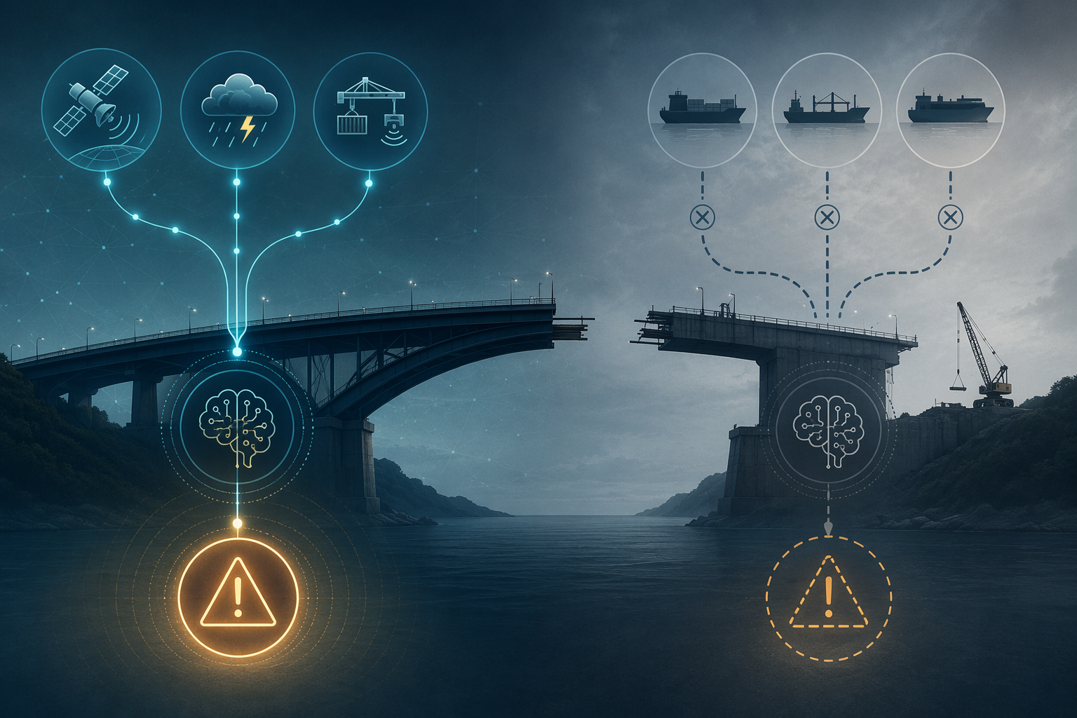AIS, weather, and terminal data flowing into an AI alert engine beside a broken carrier API connection