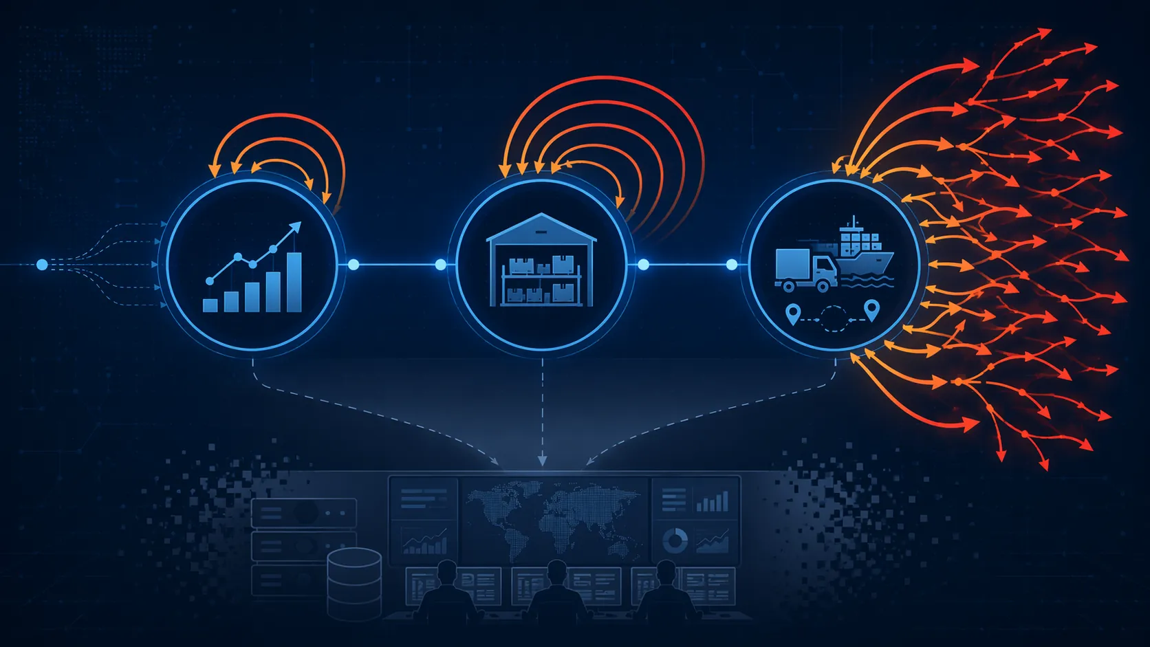 Diagram showing retries compounding across demand forecasting, inventory optimization, and logistics routing workflows before downstream ERP and control tower handoffs