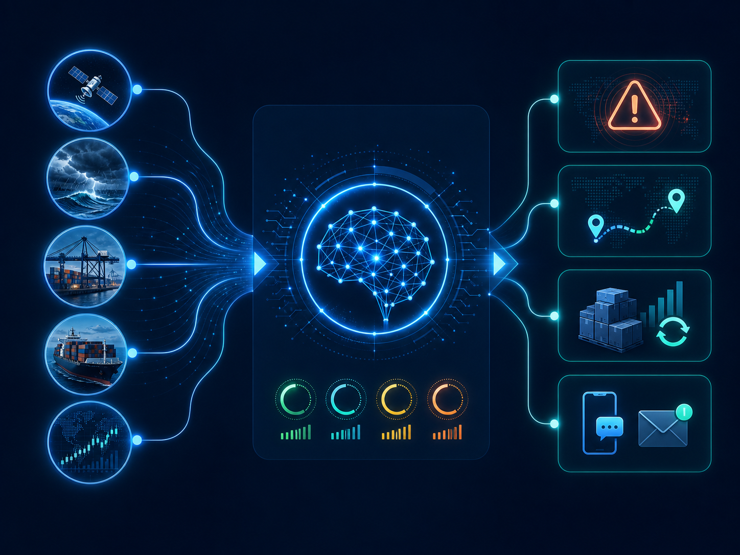 Workflow diagram showing satellite, weather, port, carrier, and economic data flowing into an AI engine that outputs exception alerts and operational decisions