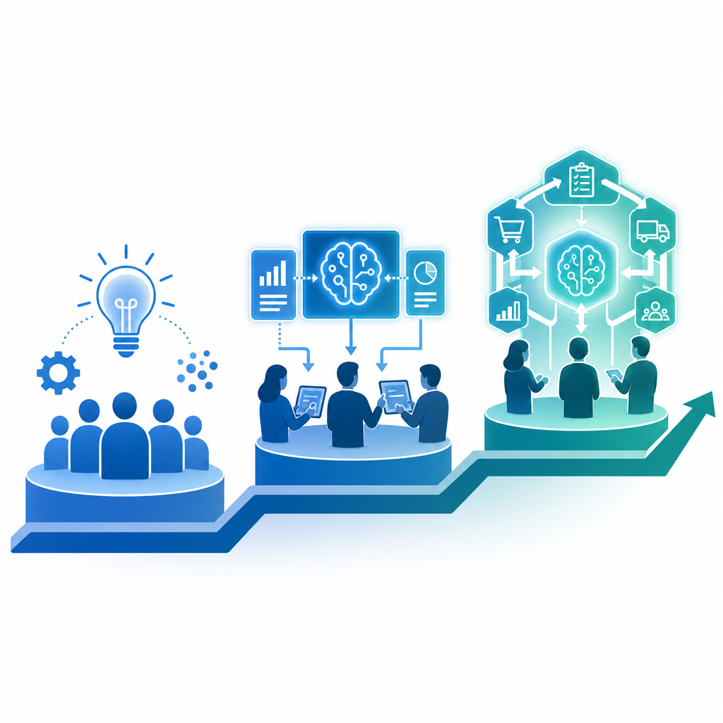 A three-panel horizontal progression showing AI capability-building in procurement: left panel shows people figures with basic AI symbols for AI Literacy, center panel shows people actively using glowing AI interface tools for AI Adoption, and right panel shows people and AI merged into a unified structure for AI-Enabled Transformation, connected by ascending arrows.