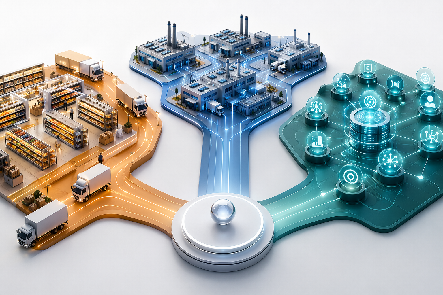 Three diverging enterprise planning pathways leading to retail and CPG execution, manufacturing networks, and an interconnected data hub
