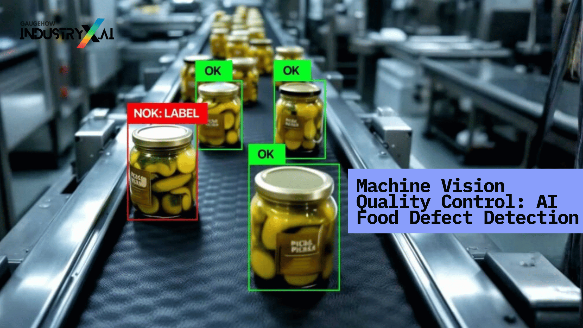 AI camera inspecting packaged products on a food manufacturing conveyor