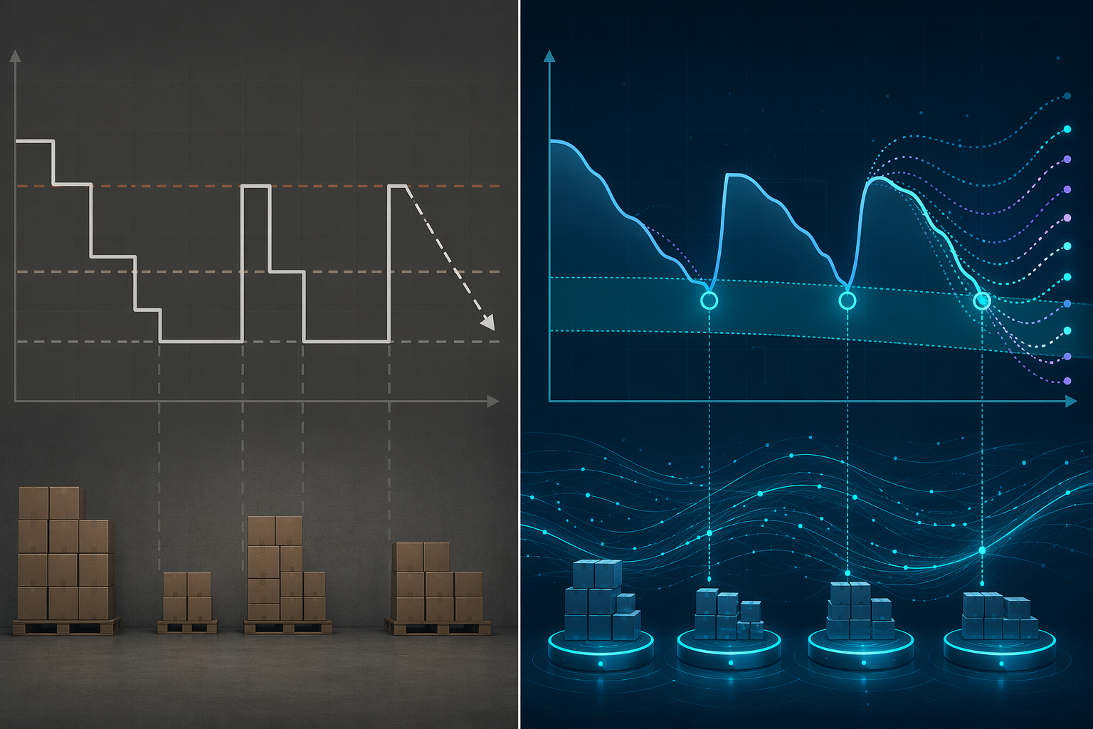Static safety-stock levels contrasted with dynamic probabilistic demand paths and adaptive reorder points