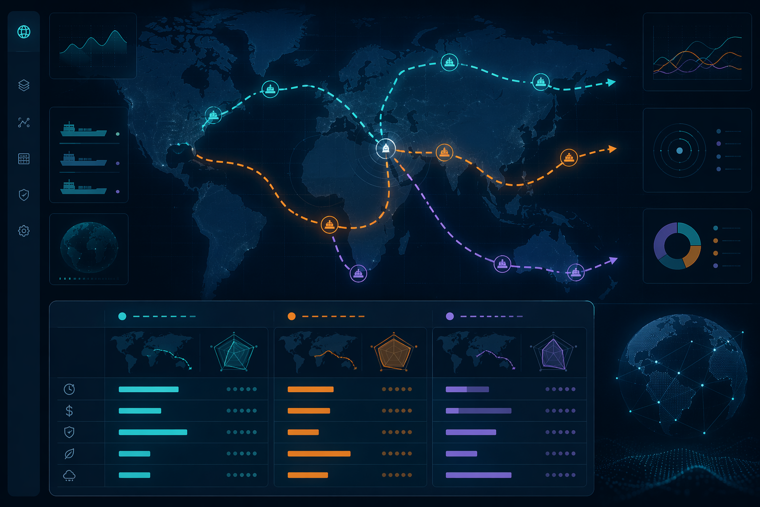 Digital twin interface showing alternative shipping routes branching from a chokepoint