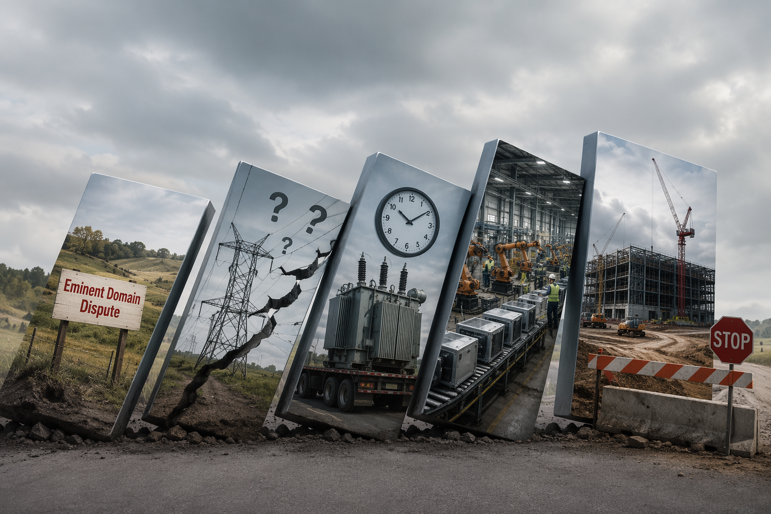 Domino-effect illustration from an eminent domain dispute to route uncertainty, transformer delay, reshuffled factory slots, and a halted data center site