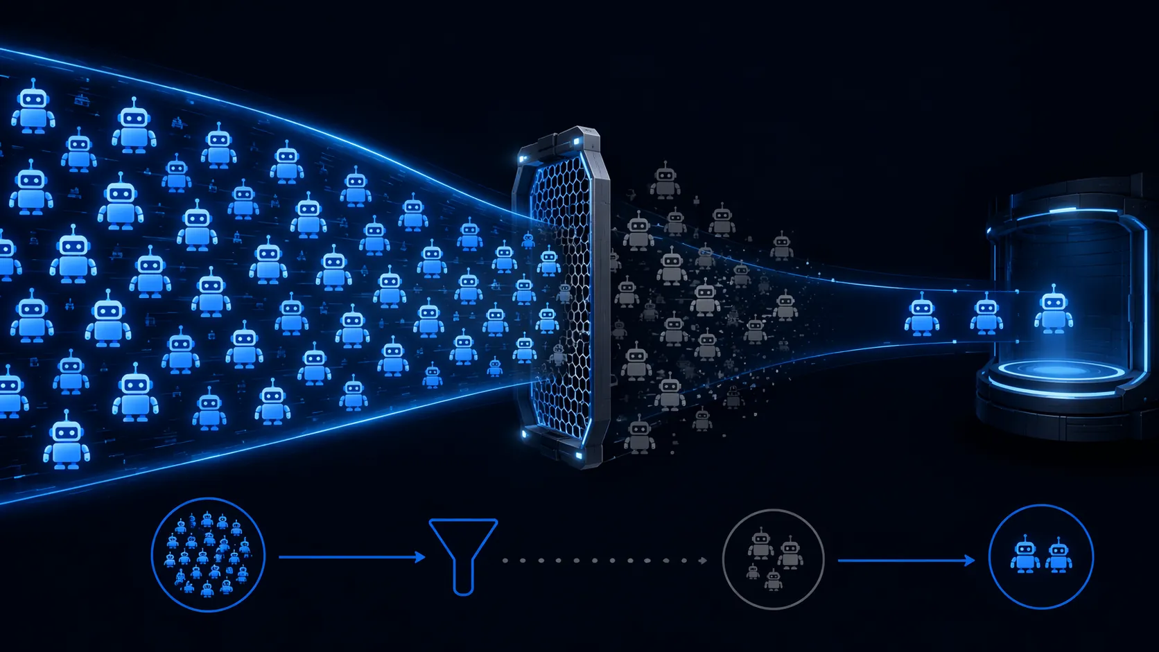 Funnel of AI robot icons narrowing from pilot stage to production